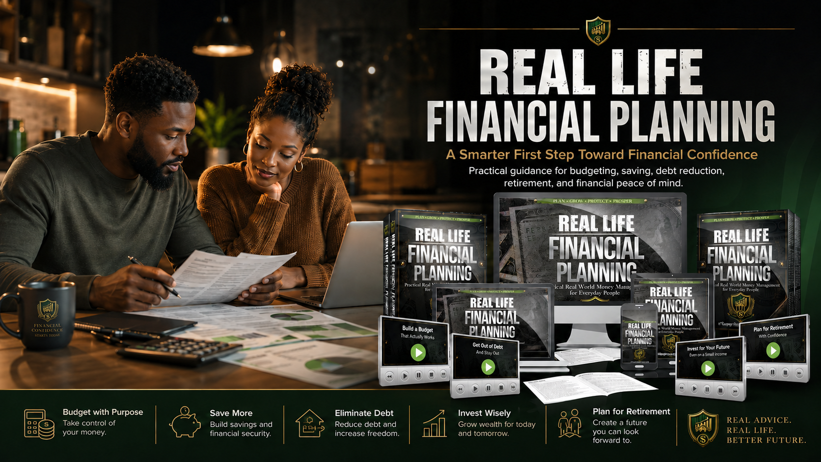 Real Life Financial Planning banner with a couple reviewing financial documents and planning resources