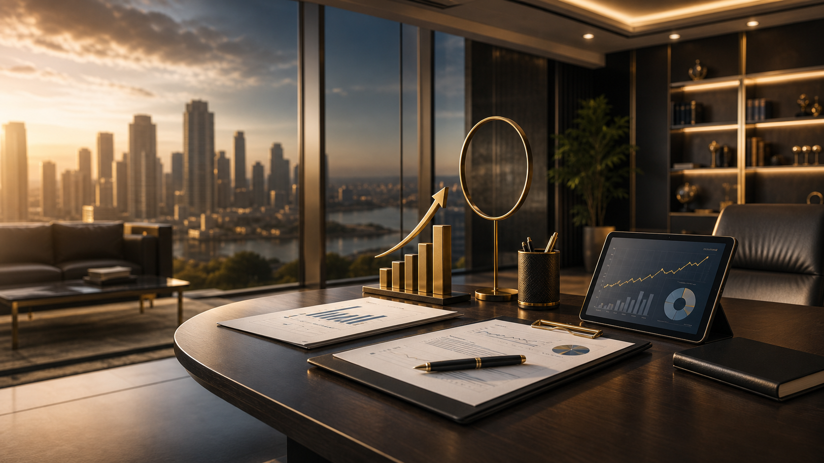 Executive office with business growth charts and financial documents