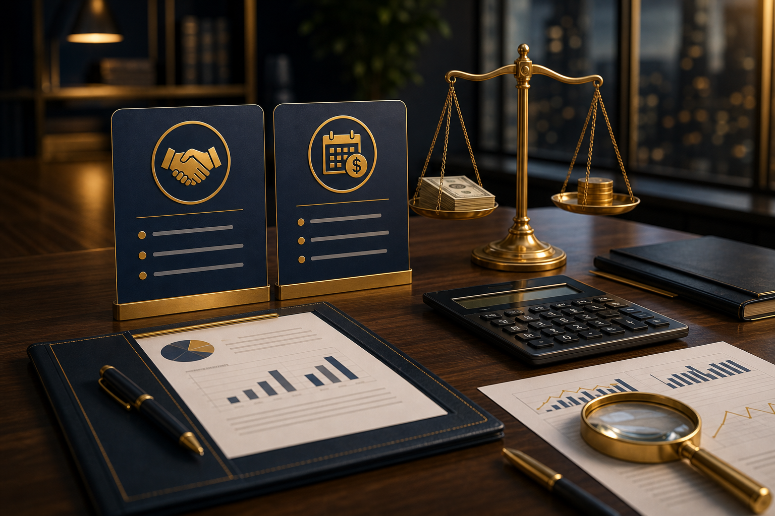 Court settlement analysis desk with scales, calculator, and documents