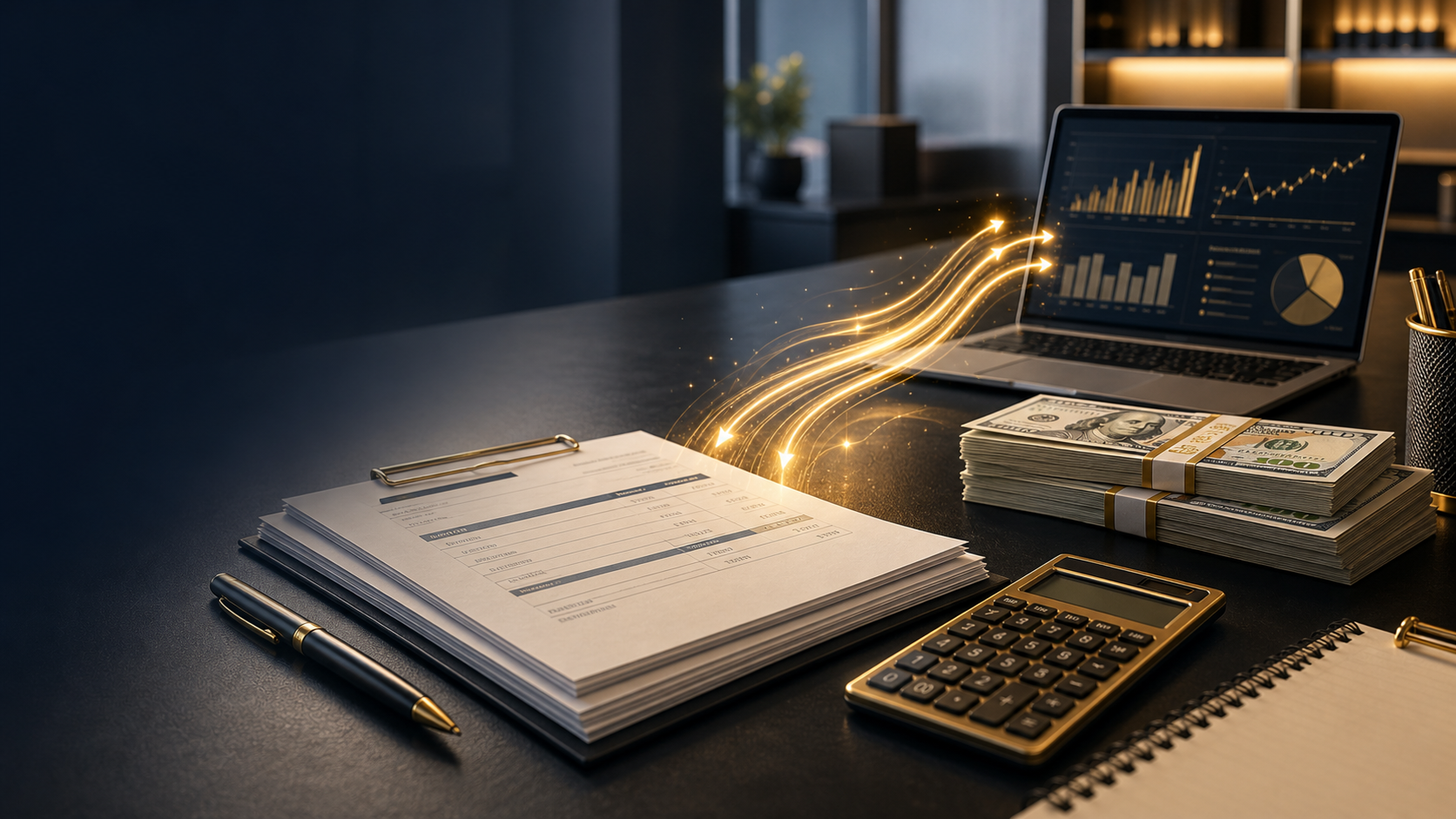 Receivables paperwork converting into cash-flow with financial charts