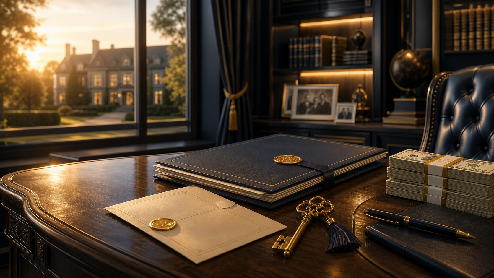 Estate desk with keys, sealed documents, and cash